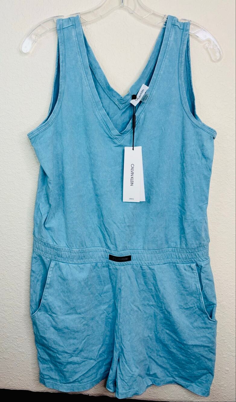 Calvin Klein V-Neck Tank Romper, Aqua/Light Sky Blue, Women's Size Medium, NWT